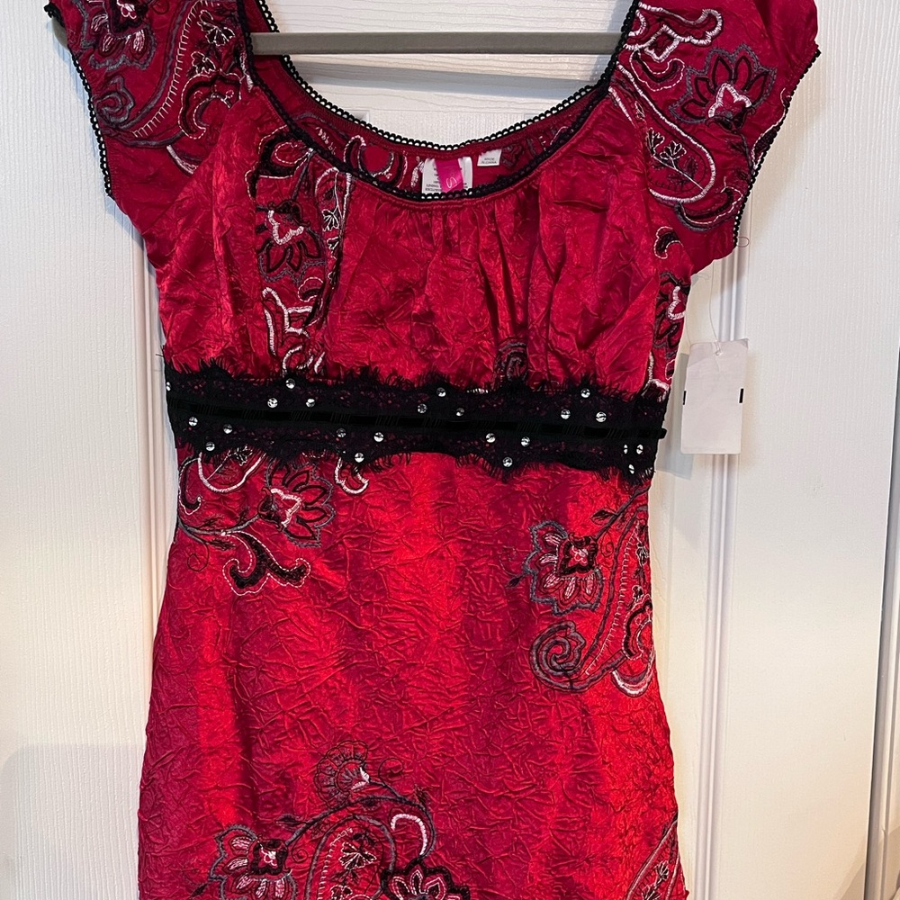 Red Embroidered Top with Black Lace Trim
